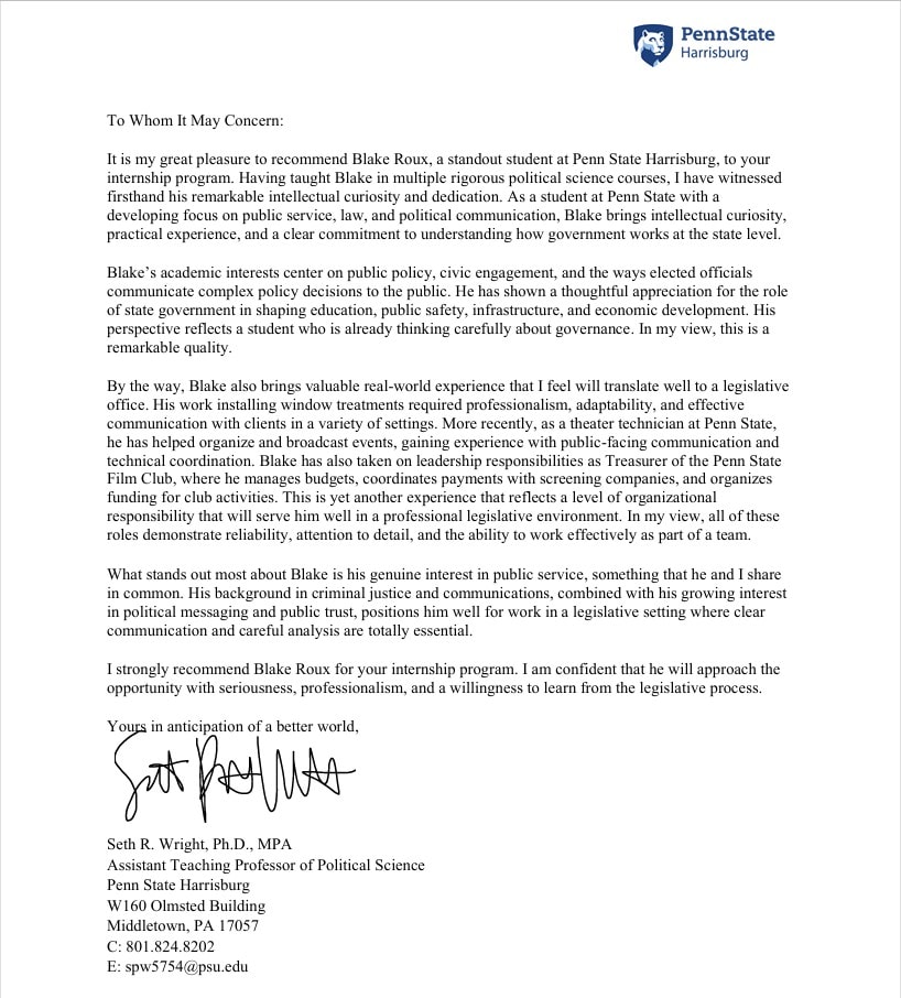 Letter of recommendation from a Penn State professor